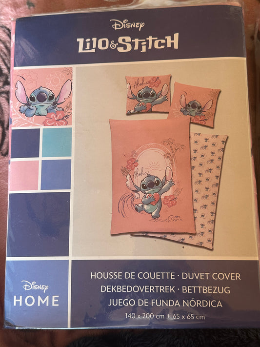 Housse de couette stitch rose 1 personne coton